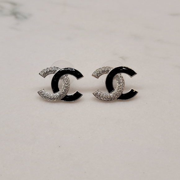 CHANEL RHINESTONE AND BLACK CC STUD EARRINGS - Picture 3 of 5